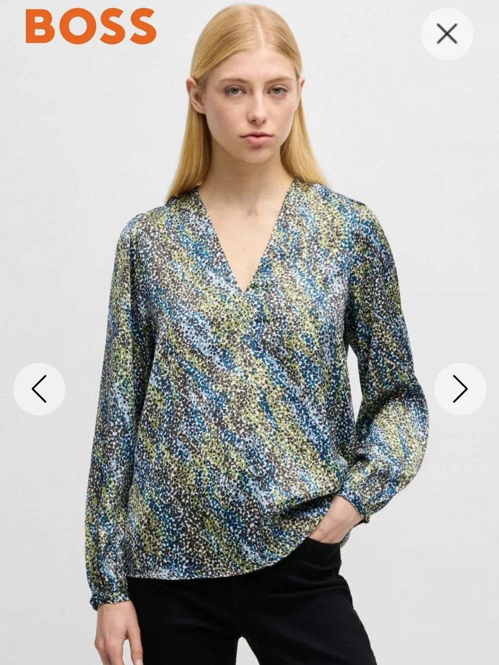 Hugo BOSS Floral Metallic V-Neck Blouse in Blue-Green Top Size S
